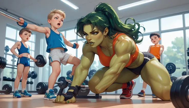 in a gym, shota, shotacon, two boys are fighting, a woman is separating them with her hands, shehulk, hot woman,