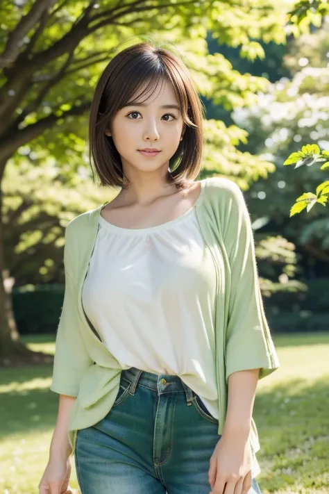 (8k, RAW photo, photorealistic, HQ, masterpiece, Brightly exposed photo), a cute Japanese woman, (glowing eyes), 
(Sad), dark brown hair, (Casual spring outfit),  (in A vast fresh green parks:1.4),
blurred background, depth of field, natural lighting, 