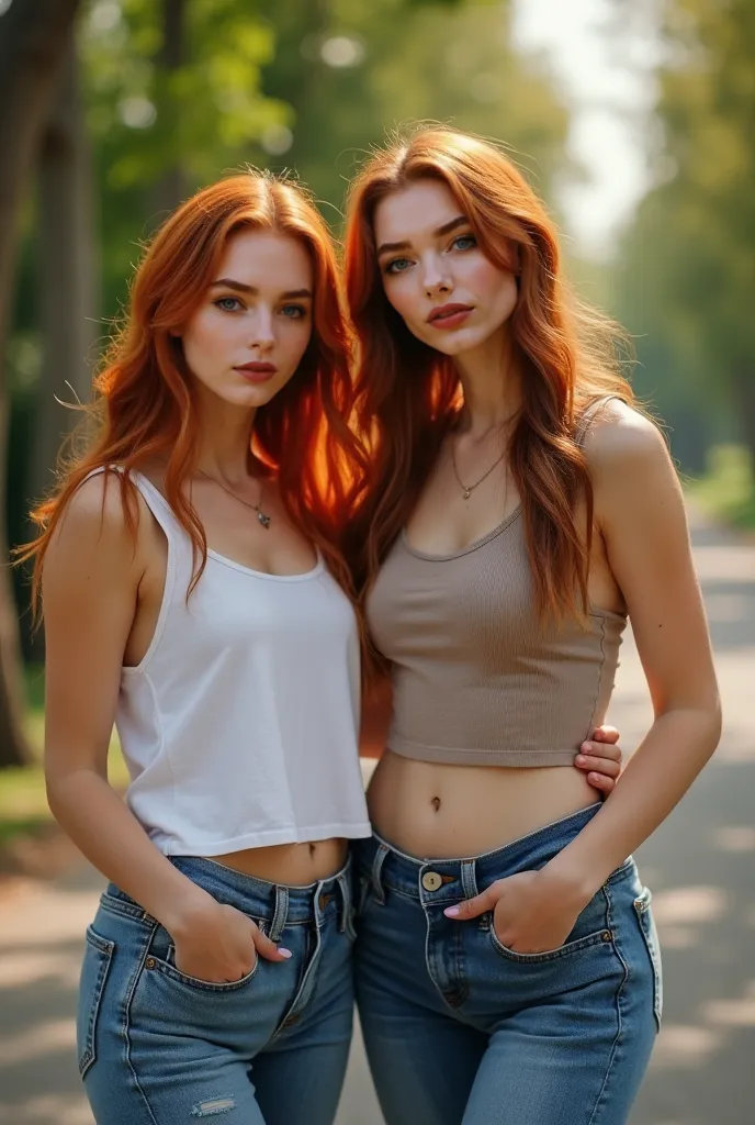 22 year old young woman, fiery red hair, with a thin waist and big butt, big breasts, next to her friend, they are in a park walking, the two are standing and taking selfies, the second girl has honey colored hair, and is a little shorter