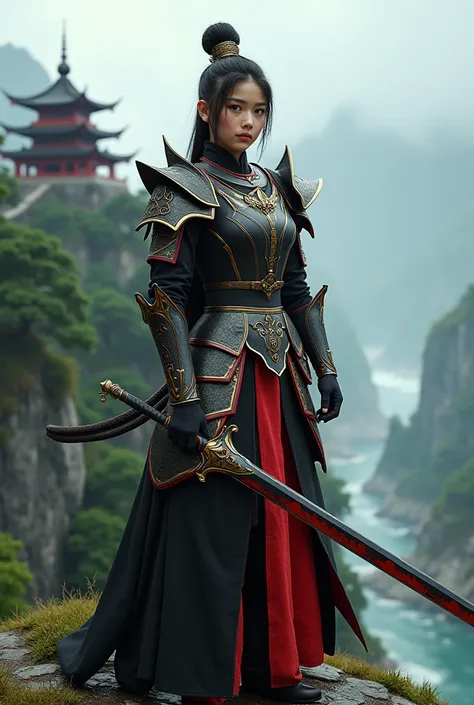 Close up,Front view of the black mythical film character Wukong, a young women and beautifull knight, wearing a colossal and epic Chinese battle slim fit armor, a combination of black, red and gold, carrying a magical black and red sword, standing watching...