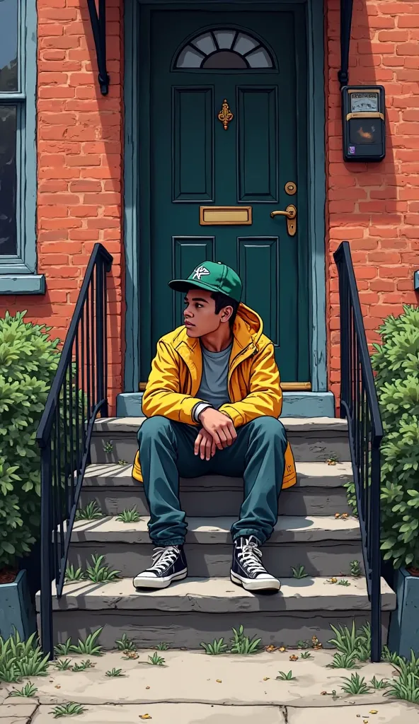 Create very high quality image, In drawing 9
O, Old comic book style, With Tom from GTA 6: a boy sitting and thinking, street gangster clothes from the 1980s,  sitting on the stairs, in front of the house on the outskirts of Brooklyn 