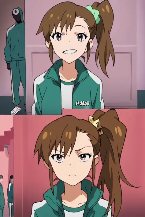 anime screencap,anime coloring, official style,
outside,
 Mami Futami, 1girl, futami mami, side ponytail, long hair, brown hair, solo,jacket, squidgame_before/afte, squid game photo, before/after, 2 panels, green tracksuit, pink background, traumatized,,  ...