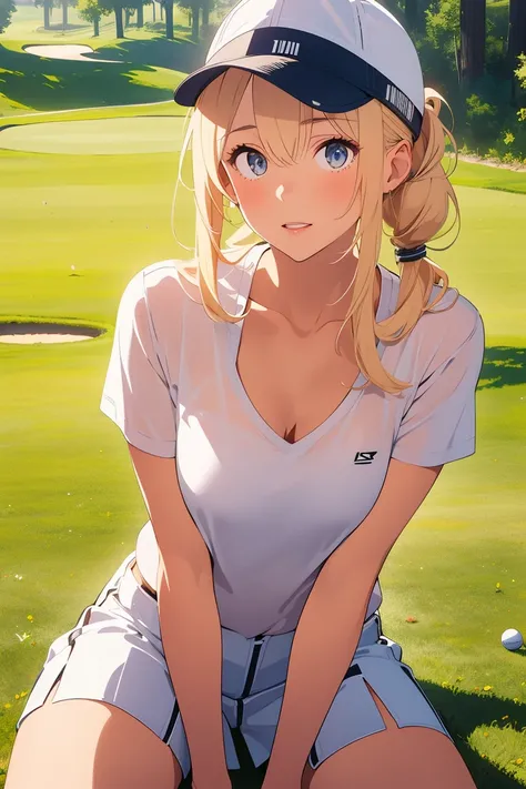 Visual anime of a cute girl ,  best anime girl ,  naughty anime style , Attractive Woman, big ,Two blonde tails,detailed eyes and face,Detailed Lips,Beautiful attention to detail,White visor cap included, white miniskirt ,Wearing white T-shirt,She is weari...