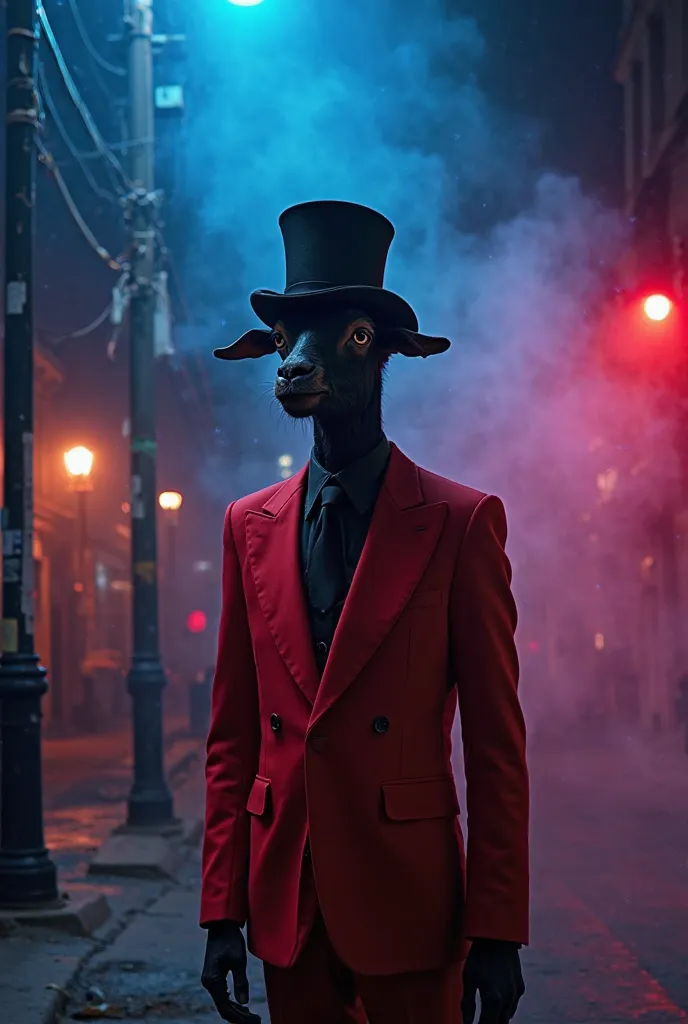 Black goat in a red suit is a top hat covering one eye on an all-dark street under a pole with blue light just a pole with light , Neon colored smoke background, Album cover realistic image realistic image 