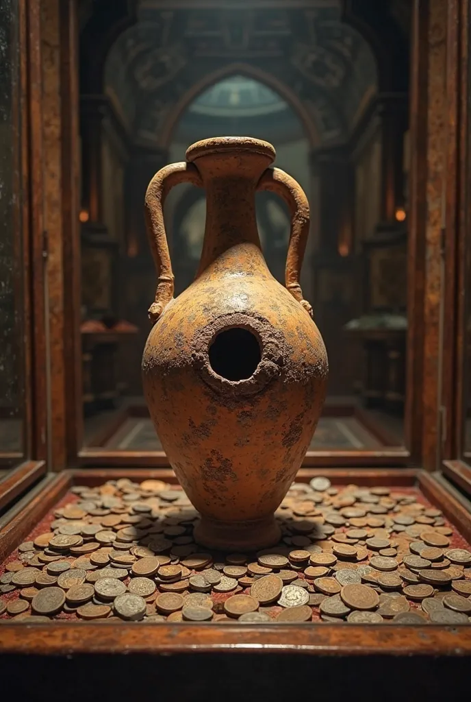 image of a display in the center of a room with an ancient Roman vessel inside , the vase has a hole in the center and around it there are several coins exposed. All illuminated with a light in a room with dim light
