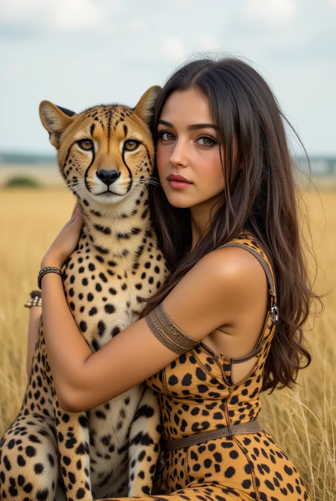 (highly detailed, realistic photo, realistic skin texture), 8K, Girl is gently hugging a cheetah as if it were her beloved pet. She looking at camera and making a nice expression, Africa's Meadows, Clear and Wonderful Weather