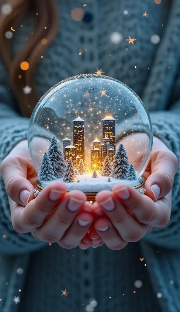 Hands holding a snow globe where there is a small illuminated city, symbolizing that the answers are within our reach.