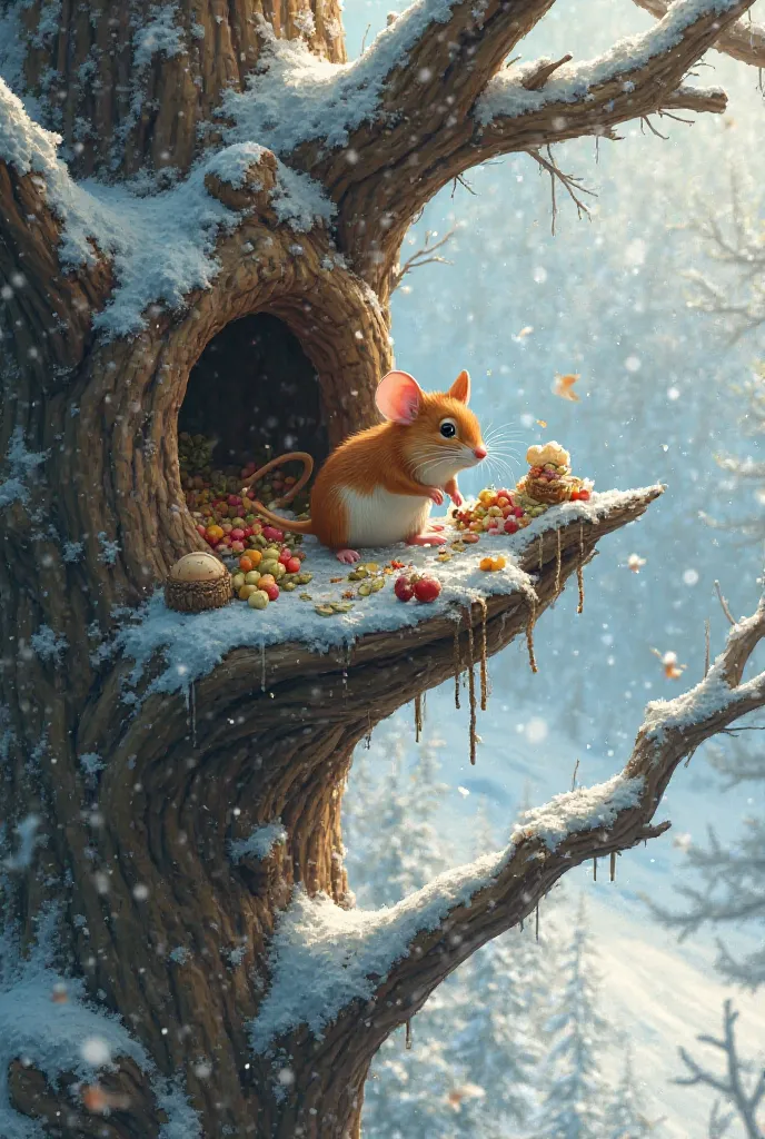 A beautiful brown and white mouse inside his cave carrying food on his hand on a very massive tall tree on a snow streets 