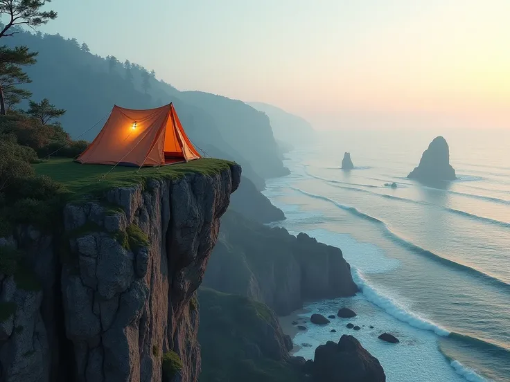 A camping tent perched on the edge of a cliff, overlooking the vast ocean with waves gently lapping at the rocks below, and a breathtaking view of the horizon with a soft, pastel-colored sky.