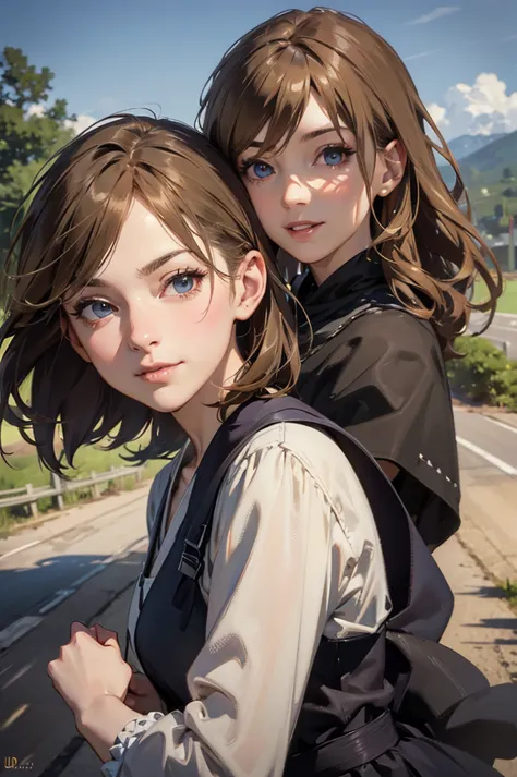 Two anime-style adventurers walking away on a winding dirt road, back view, fantasy landscape with rolling hills, cloaks fluttering in the breeze, bright daylight, cinematic anime lighting