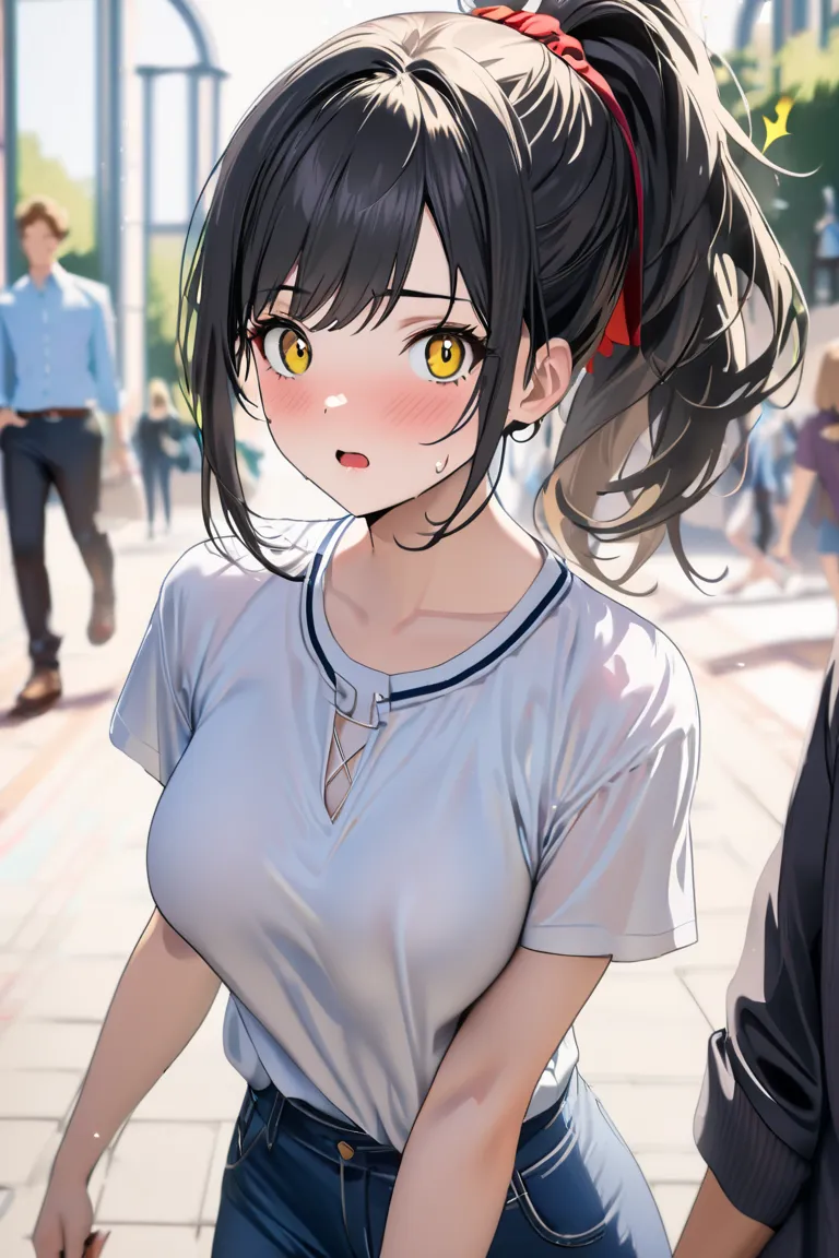 top quality, masterpiece, Hi-Res, 8k, (1 girl 1 boy  ), sexy, (bust shot), (casual outfit), black hair ponytail, (((I look at viewers with a surprised and impatient expression))), female college student, Walking around campus, Standing side by side with a ...