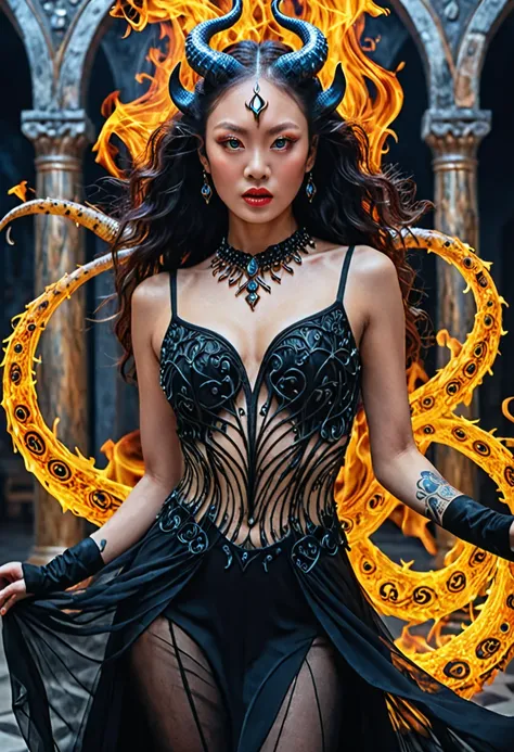 Two Chinese women, beautiful Russian and Asian, brown in the color of sin,  Ultra-realistic image  (8k) porn actress,  35 years old, long curly hair, trançado on fire, on fire, masterpiece: 1.2, complex 3D rendering with great detail, big boobs, perfect an...