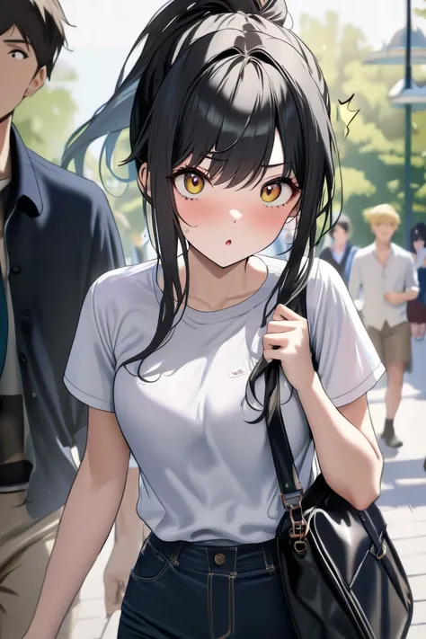 top quality, masterpiece, Hi-Res, 8k, (1 girl 1 boy  ), sexy, (bust shot), (casual outfit), black hair ponytail, (((I look at viewers with a surprised and impatient expression))), female college student, Walking around campus, Standing side by side with a ...