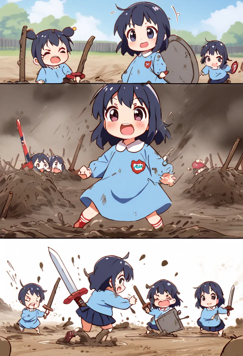 absurd, ５Year old, Kindergarten Mom Clothes, blue smock,  dark blue skirt ,  cute, Sword and Shield,   Chambala, Fighting Girls ,   muddy, battlefield, dirty, Lively, fun,   best smile, Tornスモック, Torn,  muddyのスモック, Mud sticks , best smudge,  muddy skirt, S...