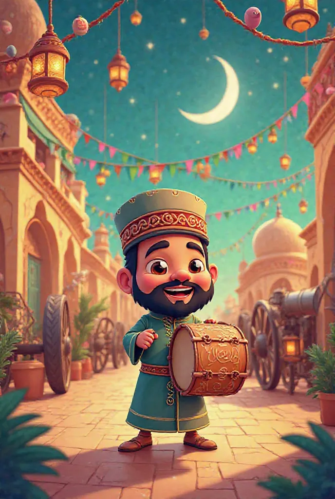 A picture of Ramadan atmosphere, decorations, a cannon, and a masaharati in the form of a cartoon, wearing a hat and galabiya and holding a drum