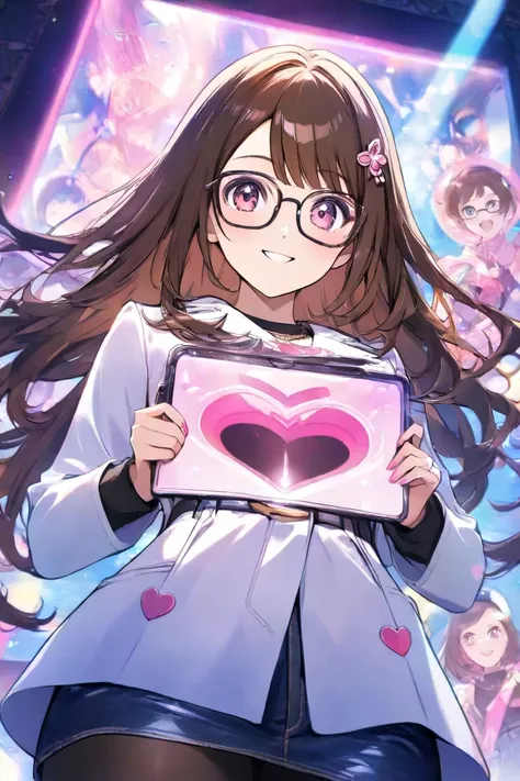  night park　long brown hair　  pink flower hair ornament  　 medium chest　pink heart sign　denim hot pants　 black tights　 white coat　 blushes, smiles,Hi-Res, square black rimmed glasses　holding a stick in hand　Bust Emphasis　can see the inside of the skirt　low...