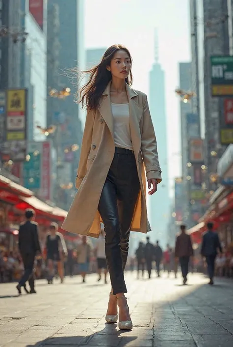 Slim smart Chinese girl run in walk 