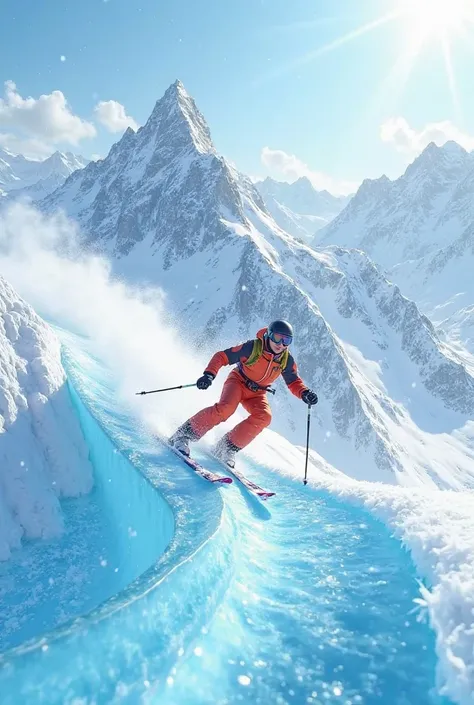 A skier on an ice mountain with a slide