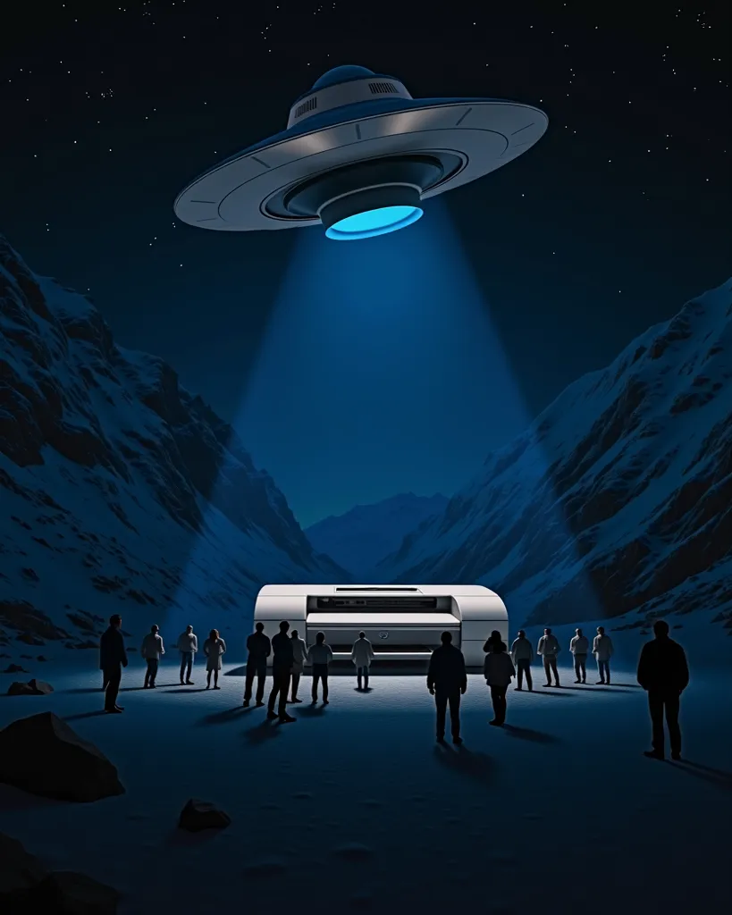 A surreal, cinematic digital art piece depicting a classic flying saucer UFO hovering over a snowy, mountainous landscape at night. The UFO is positioned in the upper center of the image, casting a bright, blue beam of light downwards. The beam illuminates...