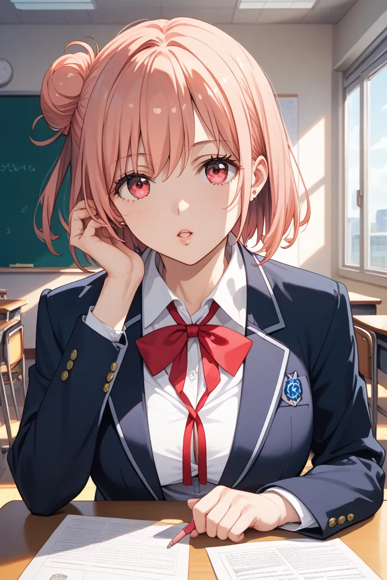 is tall body, is tall, long legs, mature female, mature, adult, eft_Oregairu_Yui, 1 girl, sobu high  school uniform, Alone, Yuigahama Yui,  school uniform, jacket, hair bun, black jacket, single hair bun,  shirt, looking towards the viewer, white  shirt, r...