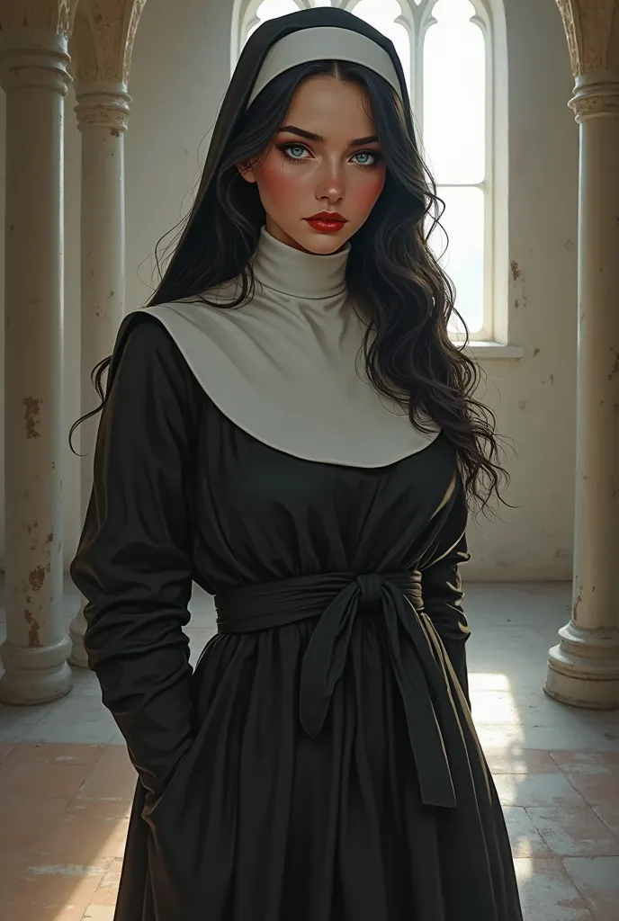  a girl, Alone, high resolution, Masterpiece,  Precise, t-shirt, Detail, Details altos, quality, Very detailed, High quality, UHD, Textured skin,  retina, HD model,  European woman with European features , con  nun costume,  nun costume, highlight the boob...