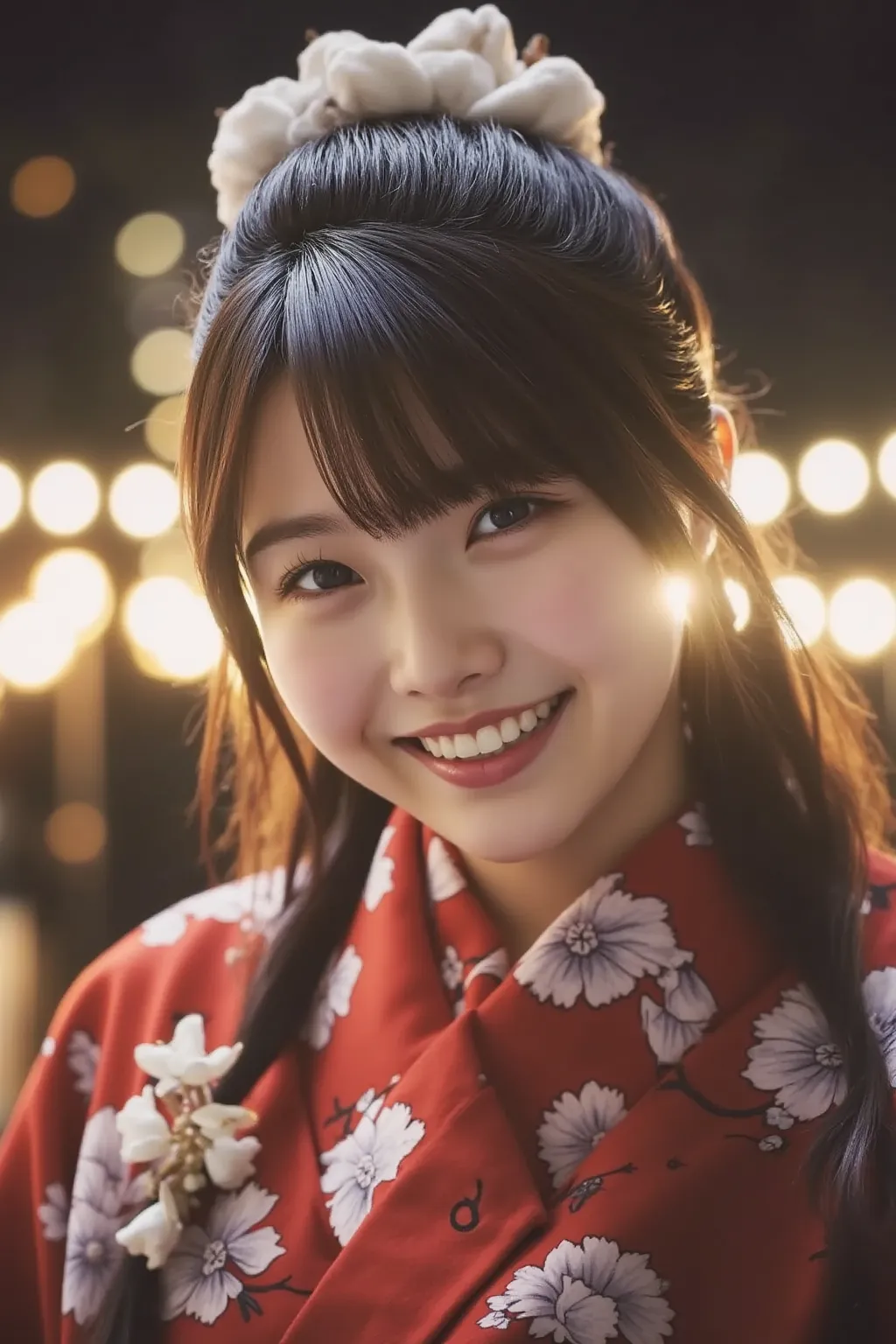 A young Japanese woman wearing a beautiful yukata at a summer festival, standing under the night sky filled with colorful fireworks. Her eyes are filled with awe and wonder as she gazes at the fireworks. The glow from the fireworks reflects in her eyes, hi...