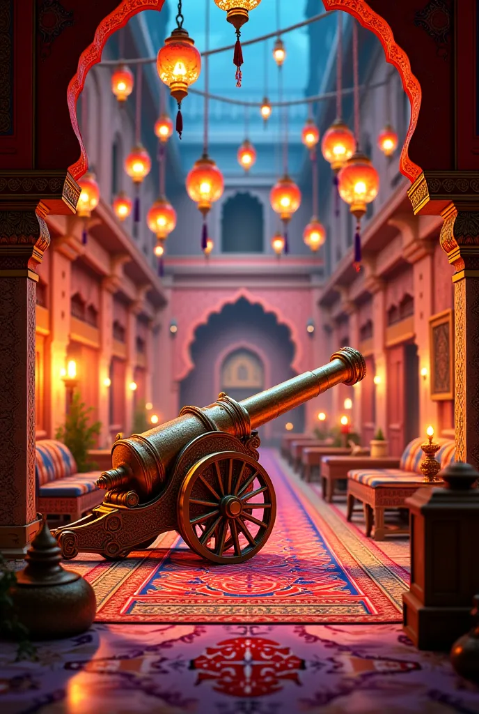 A picture of Ramadan atmosphere, decorations, a cannon,