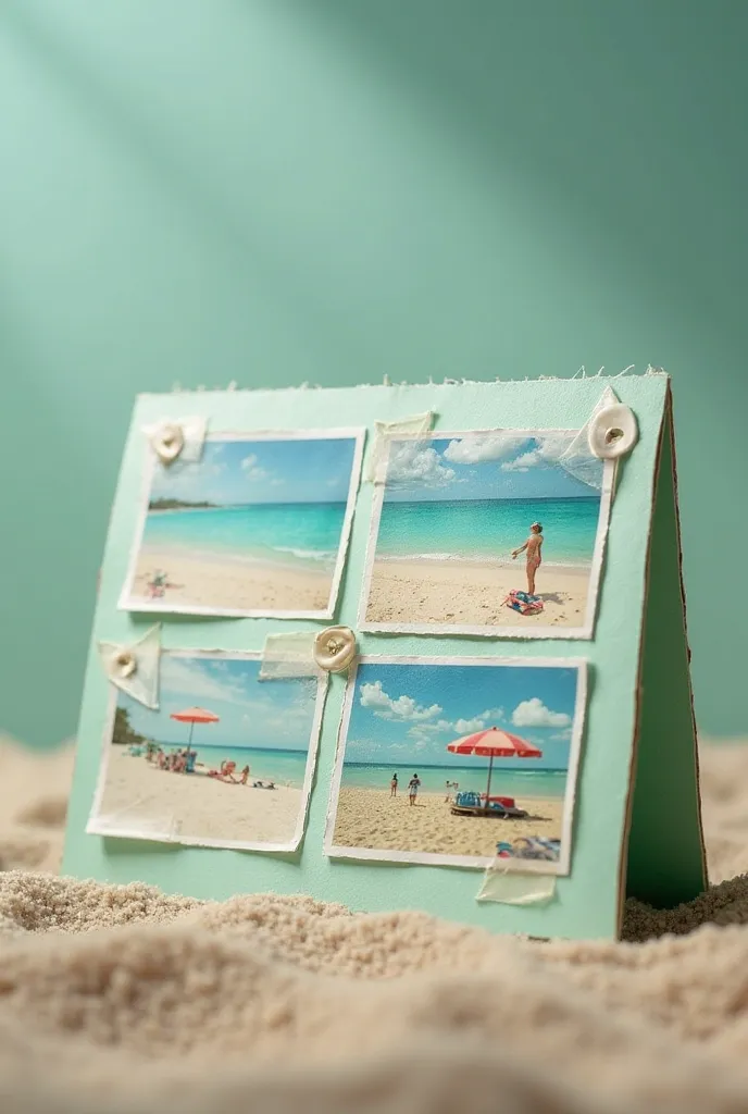 A realistic image,of a pastel green card,that has the title my vacations and 4 images of the beach,that looks like low-income,But make cardboard realistic as if it were taken from a telephone,and the photo is taken in front of the cardboard 