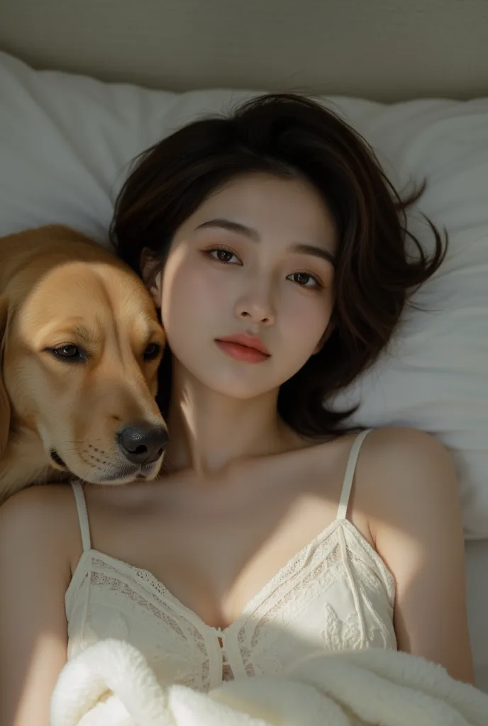 A 24-year-old girl with short hair in lace underwear is sleeping with a golden retriever's tummy on a pillow。 A woman closes her eyes and a golden retriever stares at the girl's face