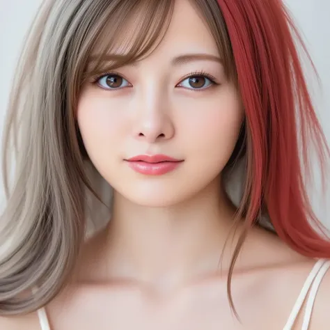 Silky smooth hair、Three hair colors: white blond hair, black hair, and red hair、Flush the bangs、 hairstyle is straight、Long hair up to chest、twin tails from above、