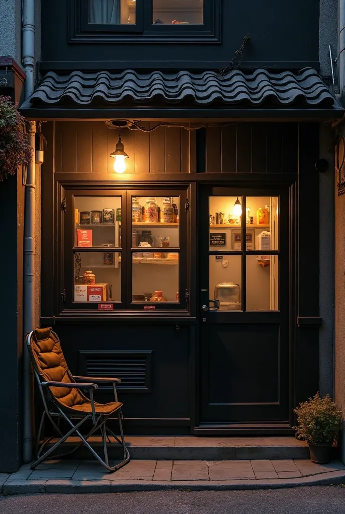 Korean noodle small shop, black back draft and has a light bulb with camping chair outside