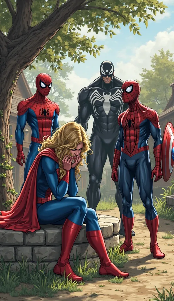 "Supergirl, wearing her iconic blue and red suit, sits near an old stone well, her face buried in her hands as she cries. Her shoulders tremble with sadness. Suddenly, Spider-Man, Venom, and Captain America arrive. Spider-Man stands nearby with a concerned...