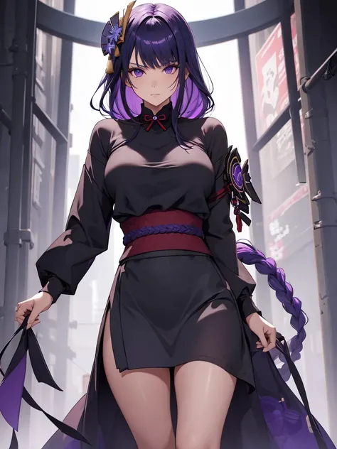 1woman, wearing a black shirt, top half naked, (putting up a black skirt), dark purple colour hair, "raiden shogun hair style, 8k, high detailed, high quality, high accuracy 