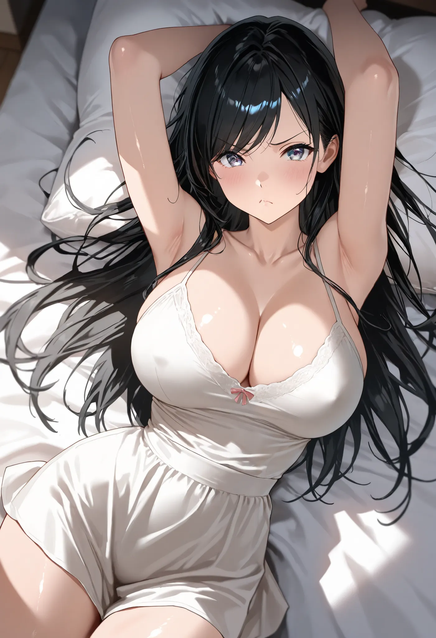 (best quality, masterpiece, ultra detailed, high resolution), Beautiful 8K CG artwork, Enriched photography, anatomically accurate body, depth of field,  1girl, elegant yet sexy girl, (long hair, black straight hair, swept bangs), 
round large breasts, bre...