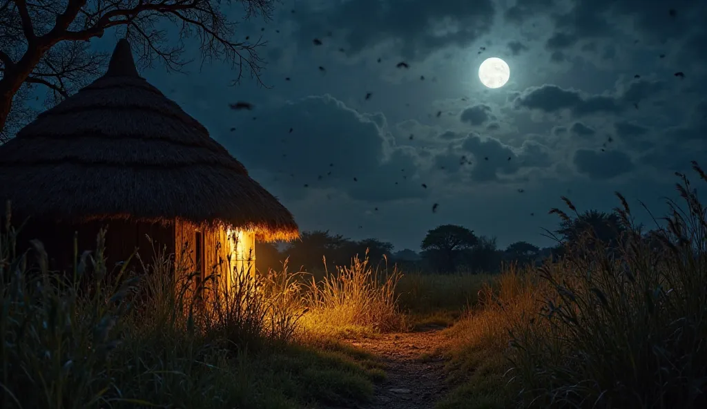 A dark, moonlit night outside a traditional African hut. Tall grass sways eerily in the wind, but a section moves unnaturally, as if something unseen is creeping closer.

The background features soft lighting from unseen sources and warm undertones, enhanc...