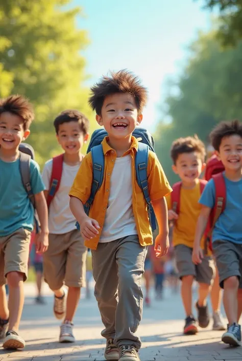 A view of a smart, non-profit school
 boys going to school
School backpacks are a sign of their knowledge and pride
Happiness and joy are evident