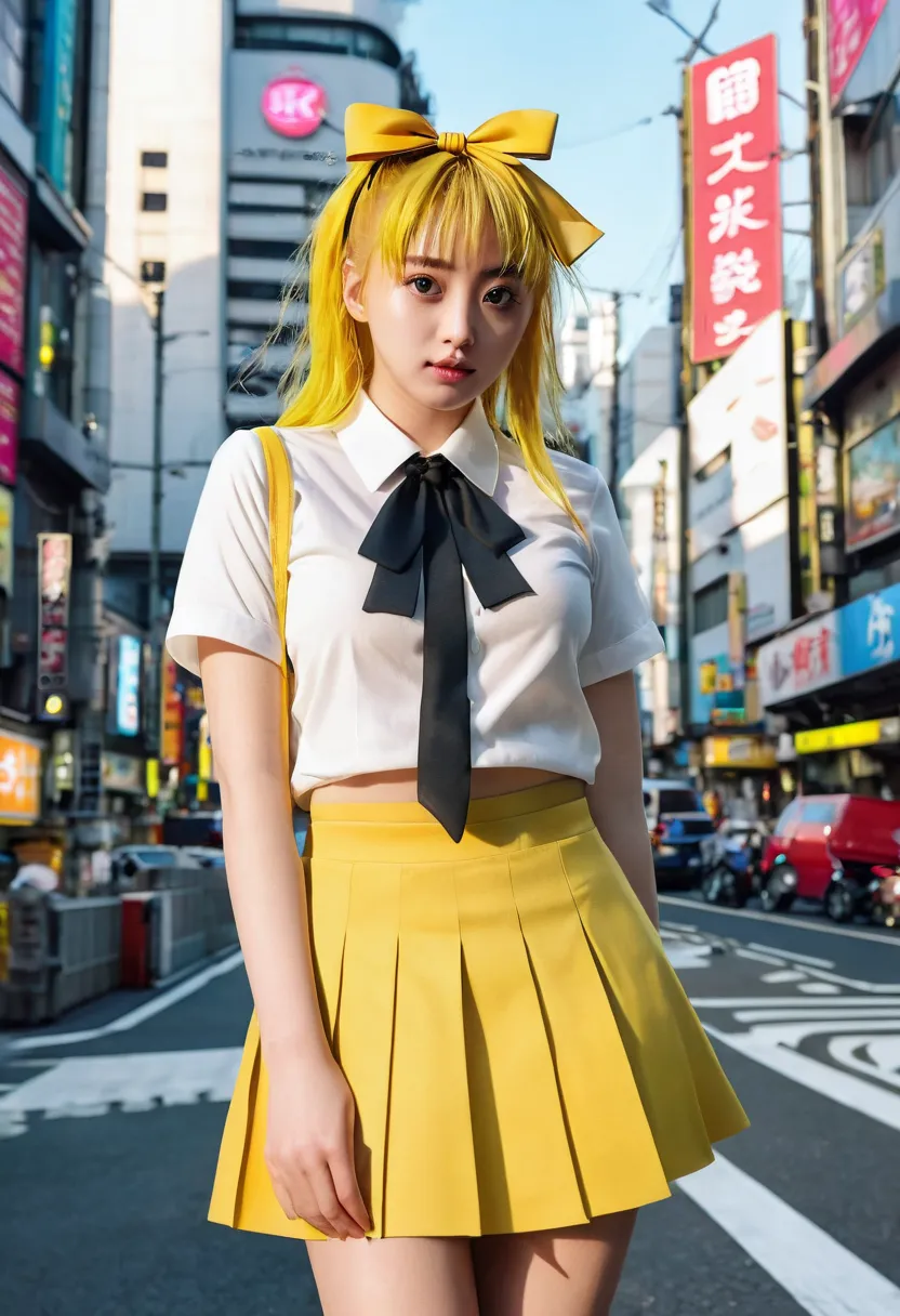 (8k, RAW photo, best quality, mastery:1.3),(realistic,photo-realistic:1.37),(looking viewer:1.331),(yellow hair),posing,Tokyo street,cyberpunk city,soft light,1girl,extremely beautiful face,hands down,casual hairstyle,casual expressions,Pretty faces,Hands ...