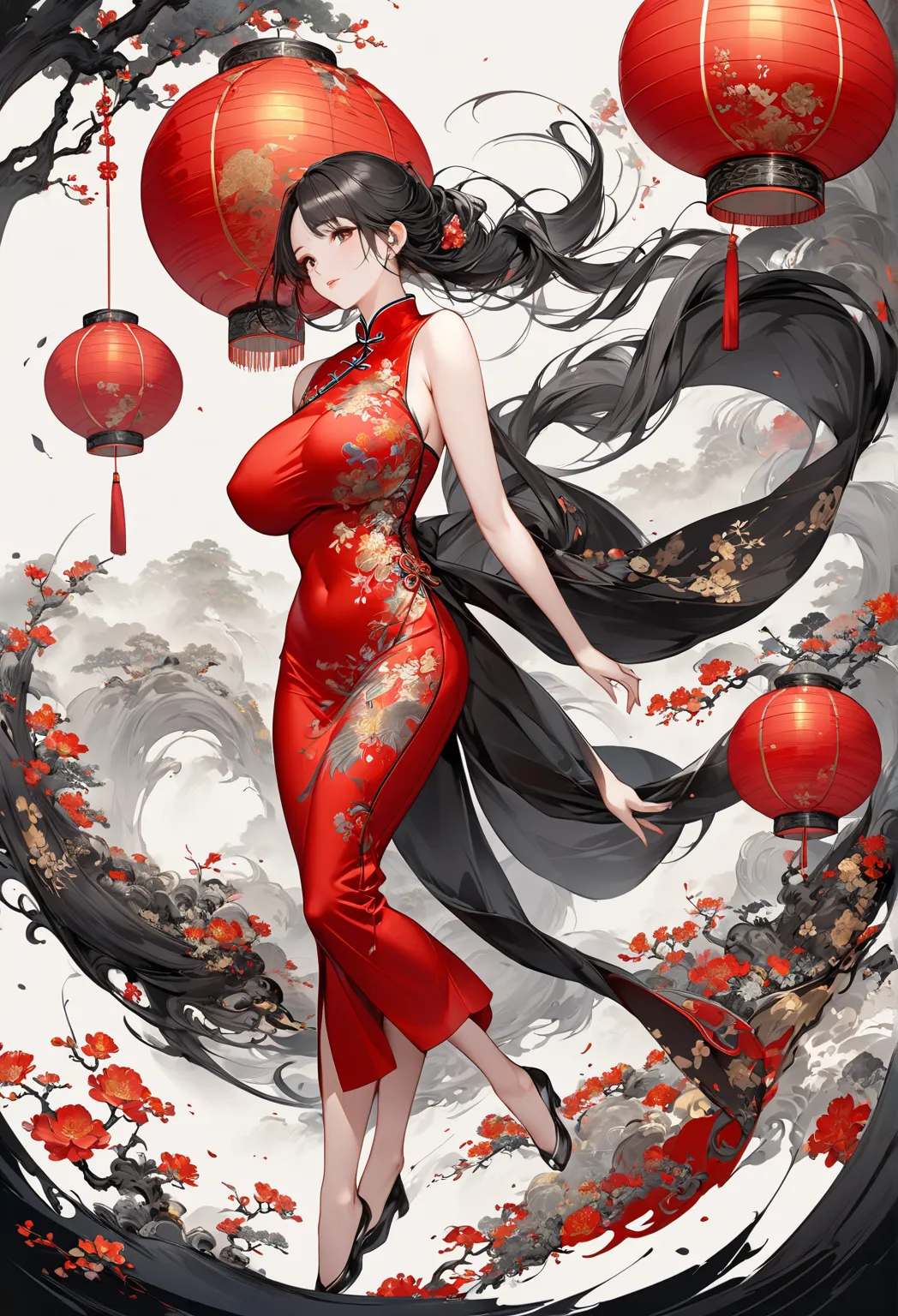       wearing red cheongsam (Long silk cheongsam with multicolored and gold-silver embroidered flowers )Oriental beautiful girl,Have perfect anatomy,beautiful and elegant masterpiece of art, background is(minimalist abstract flat)abstract fuzzy giant leaf ...