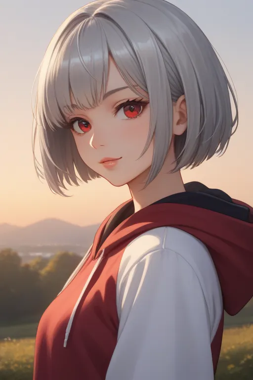 is tall、 Silver Hair、short bob hairstyle、woman、The hood is being removed、 hoodie、hot pants、A Japanese human woman with red eyes in a beautiful Japanese anime style 