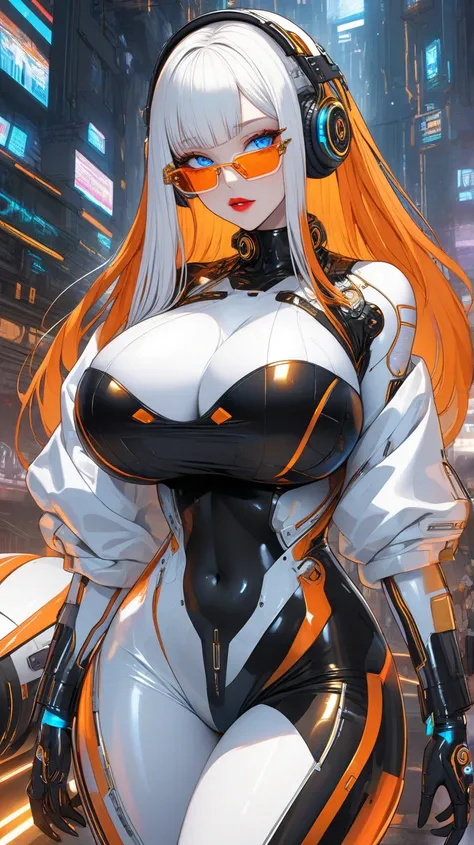 Sexy futuristic Android female character with headphones and transparent futuristic orange glasses,  straight hair with long bangs color black,  blue eyes red lips with white latex clothes and golden details with breasts out in a cyberpunk world (gigantic ...