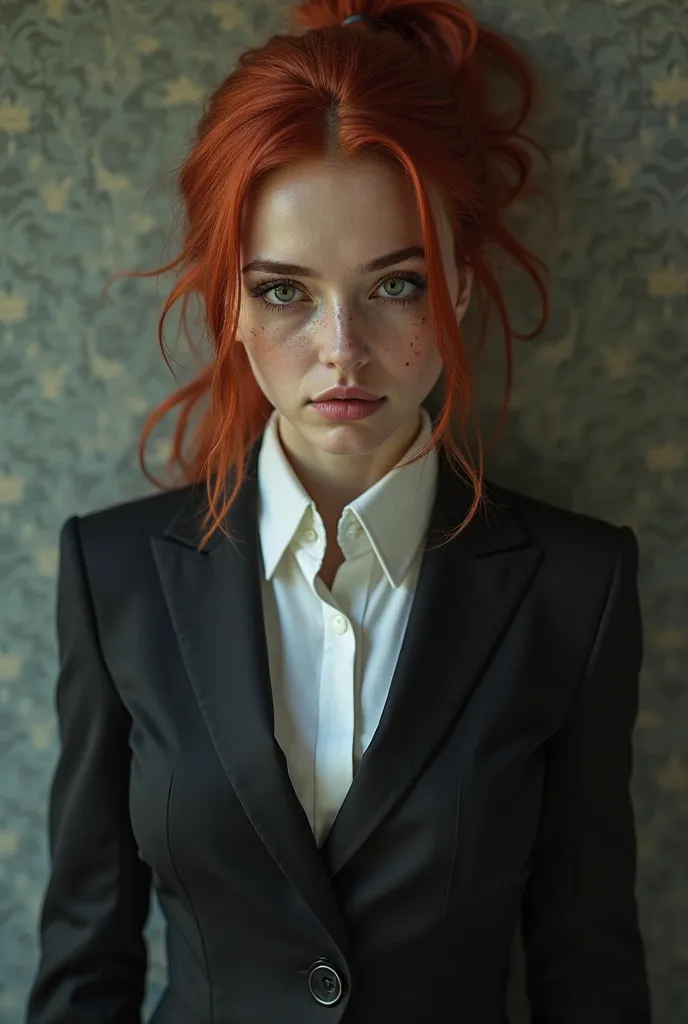 She is a young woman with pig-blood red hair, gathered in a ponytail with a little dirty hairline, reddish eyes give a bleak and aggressive feel. Her left eyes are turbid white with a passing scar, while her right eyes incorporate a single lens, adding sol...