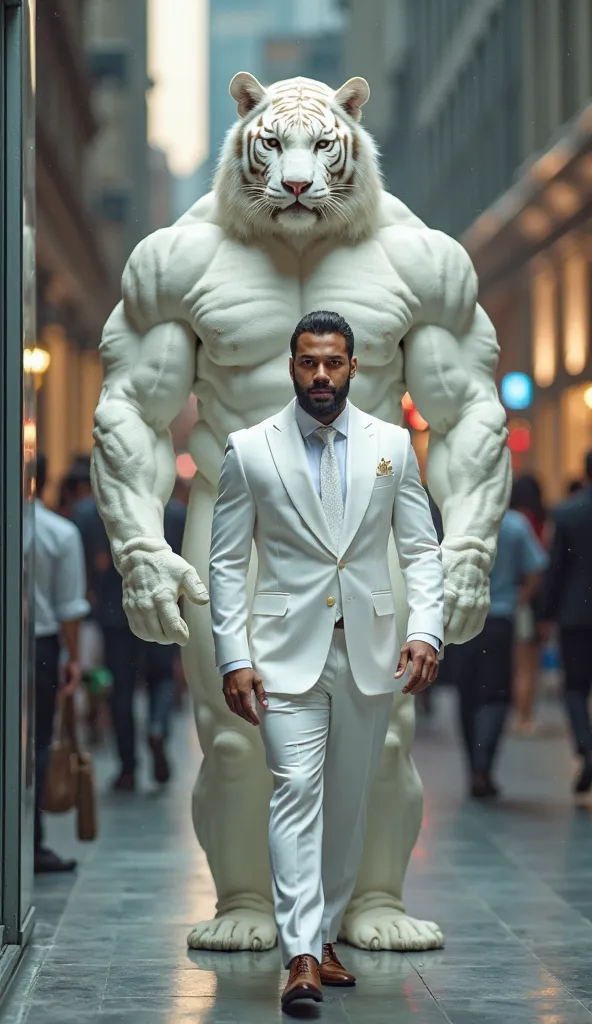 I want a photo of a handsome man, Handsome dressed in a magnificent white suit,And next to an enormous security full of muscles with a very strong man's body and the face of an animal, a white tiger that is as real as possible and must also be dressed in a...