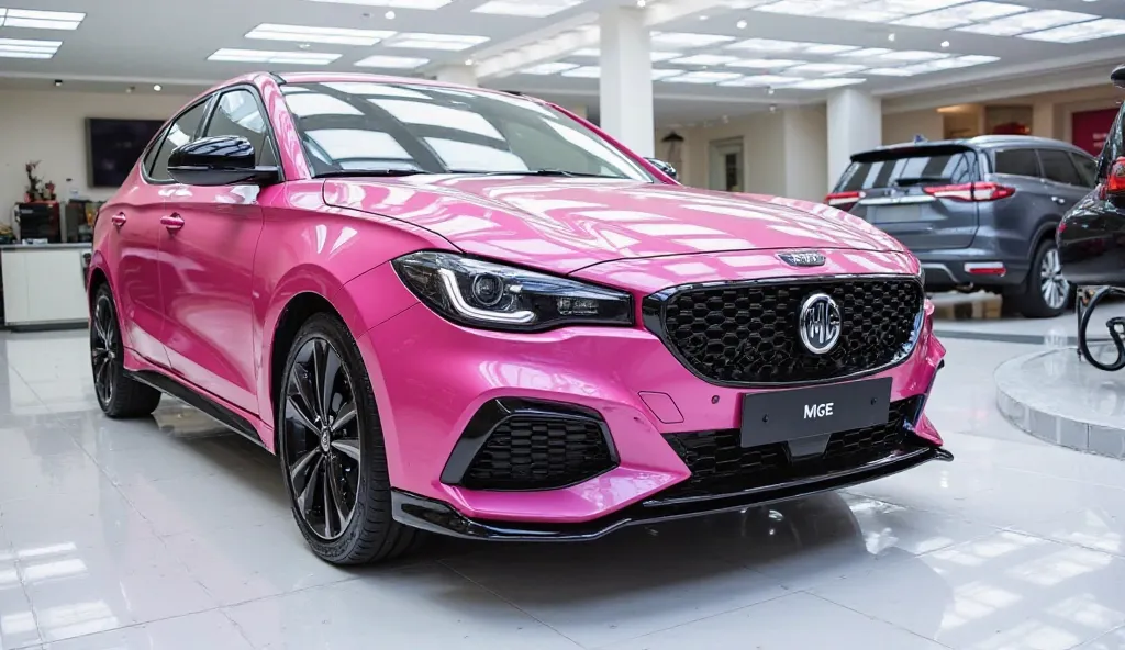 (Front ) sit of painted pink   )with shiny( clour) 2025 )in sleek in large shape (sedan )in large size with (  mg zs    evogo on its large detailed grille in shiny( pink ) clour with angular sporty design captured from close back view with modified sleek b...