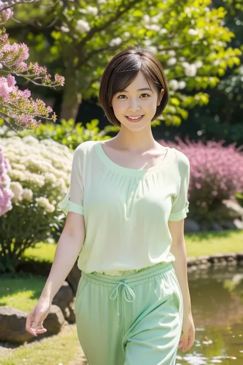 (8k, RAW photo, photorealistic, HQ, masterpiece, Brightly exposed photo), a cute Japanese woman, (glowing eyes), 
(shy smile), dark brown hair, Pixie Bob hair, (Casual spring outfit),  Walking pose, (in A vast fresh green parks, flower fields, streams, pon...