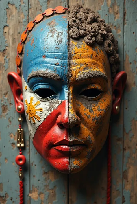 Combine two different art style, one is from the Philippines arts and other one is from the colonizer American art. Combine the two into one mask with the Philippine art on the left side of the mask and the foreign art on the right side of the mask. The Ph...