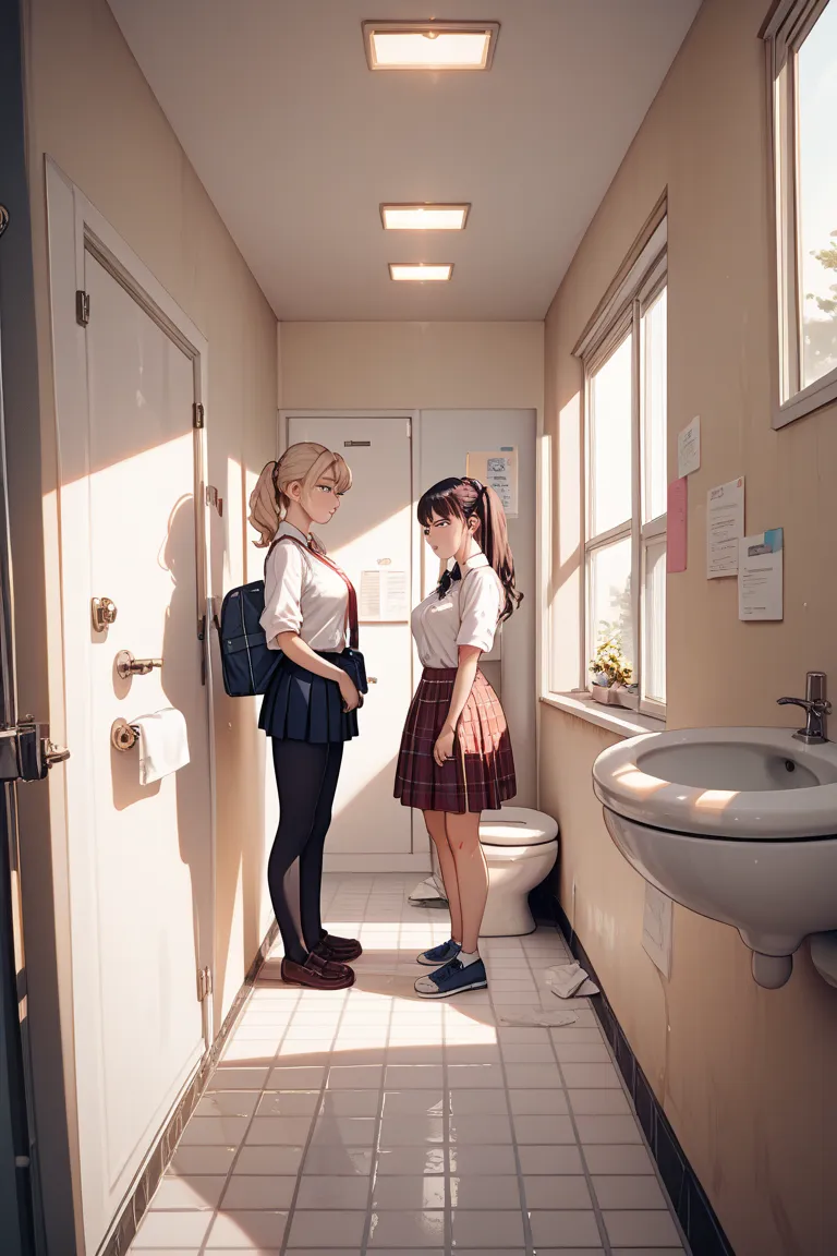  women's restroom 、female middle school students、2 people