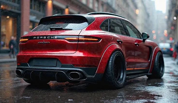 


"A futuristic and aggressive Porsche Cayenne Coupe with a custom widebody kit, finished in a deep metallic red with black and carbon fiber accents. The vehicle features oversized black alloy wheels, flared fenders, a lowered stance, and a quad exhaust s...