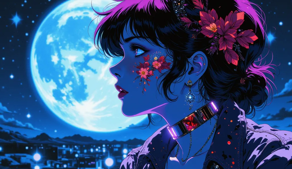  High quality, 8K ultra HD, Una hermosa MUJER DE NOCHE  double exposure que combina una silueta de mujer con unA diamantes,  The moon should serve as a backdrop,  with its details incorporated into the woman , sharp lines, The background is neon,   sharp f...