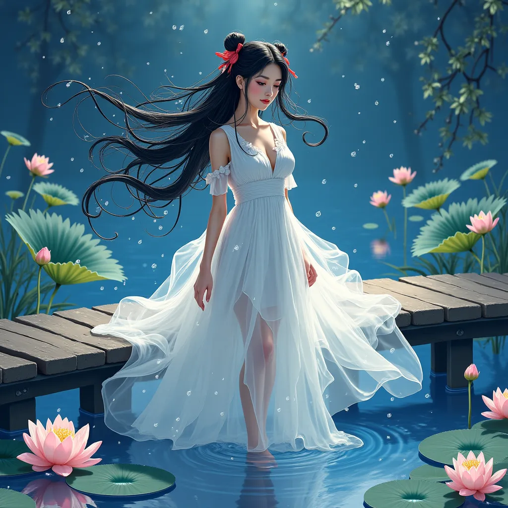 Dynamic illustration danmei a beautiful woman,  light leather balcony,  black eyes, dark hair with curled bows on each side,rest of the hair falls down her back.wears a white silk dress droplets of water fall from her hair leaving a puddle, she is barefoot...