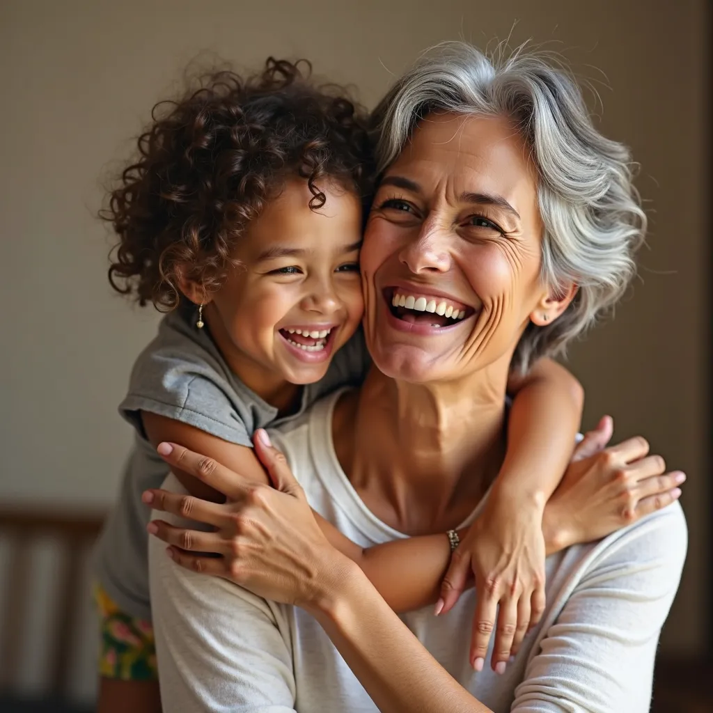 A lady with golden skin light caramel, with natural gray hair, holding the hands of a  who climbs on her shoulders, both smiling. The studio has a neutral background and warm lighting, bringing an atmosphere of affection and connection.